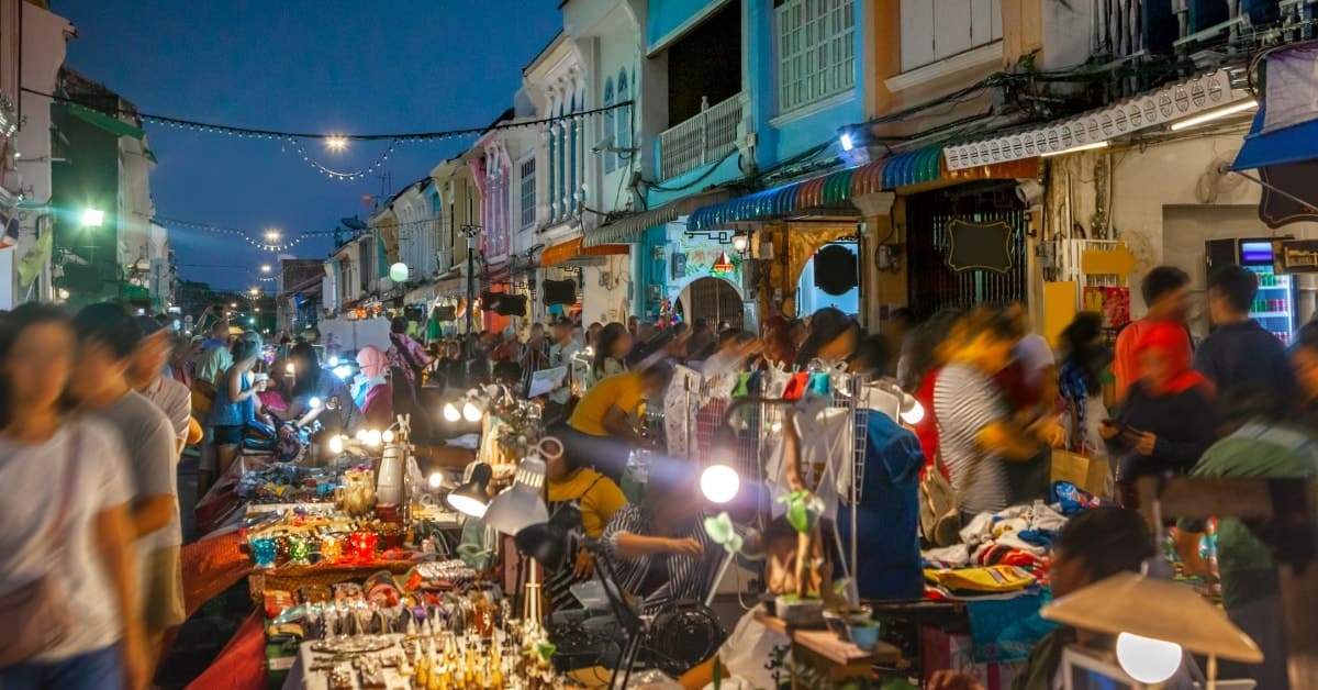 Markets day and night in thailand! Lard yai sunday walking street market on thalang road, old phuket town