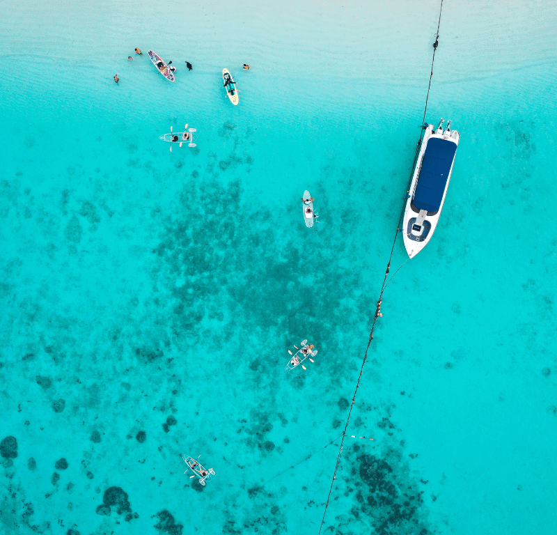 Beach activities and the clear water from above