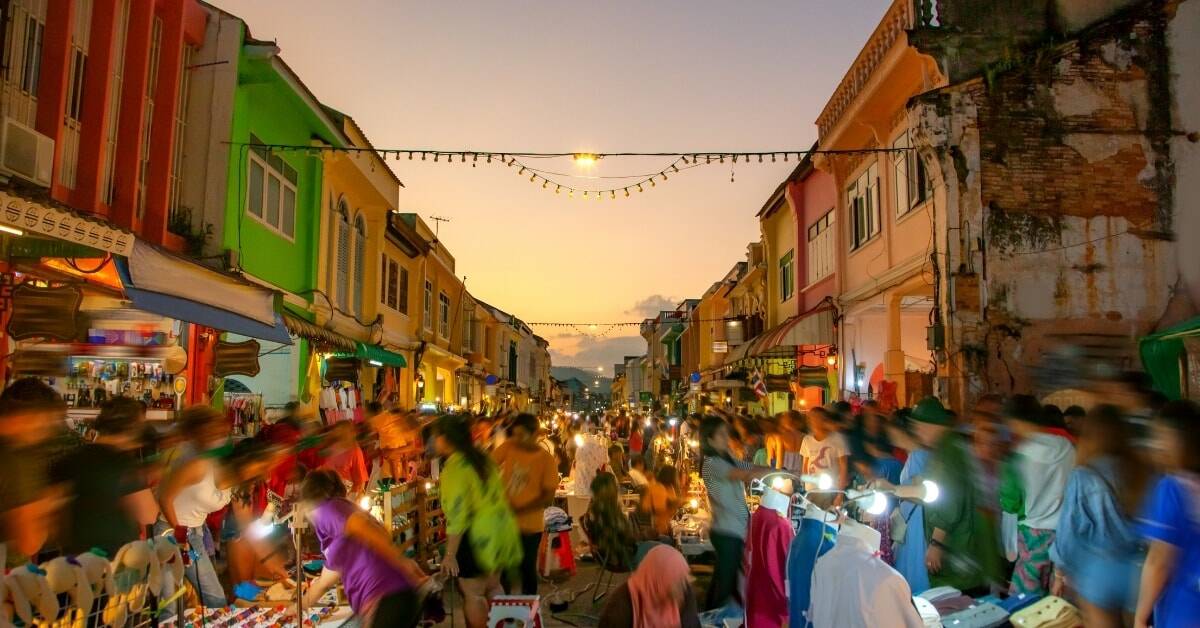 The atmosphere at old phuket town walking street market buzzes with lively energy